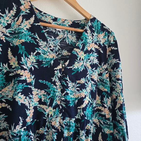 J Jill Navy Floral Cotton Midi Dress Sz-S Relaxed V-neck 3/4 Sleeve Boho cottage - Picture 3 of 9